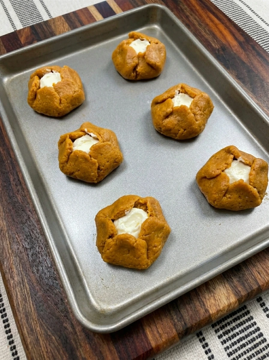 Pumpkin cookie dough wrapped around cheesecake filling