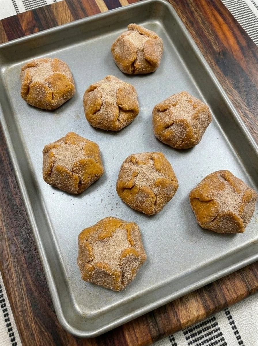 Pumpkin Cheesecake Cookies rolled in cinnamon sugar on a baking tray