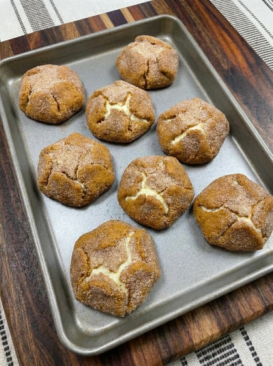 Baked Pumpkin Cheesecake Cookies with cracked tops and creamy centers