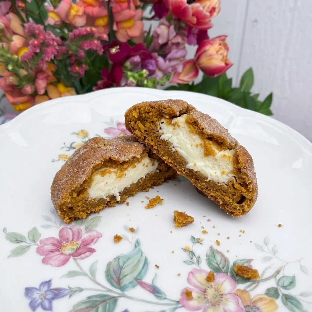 Single Pumpkin Cheesecake Cookie broken open with creamy center