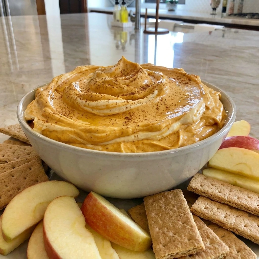 Creamy Pumpkin Cheesecake Dip with apple slices and graham crackers