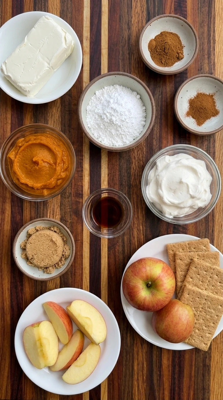 Ingredients for Pumpkin Cheesecake Dip in separate small containers