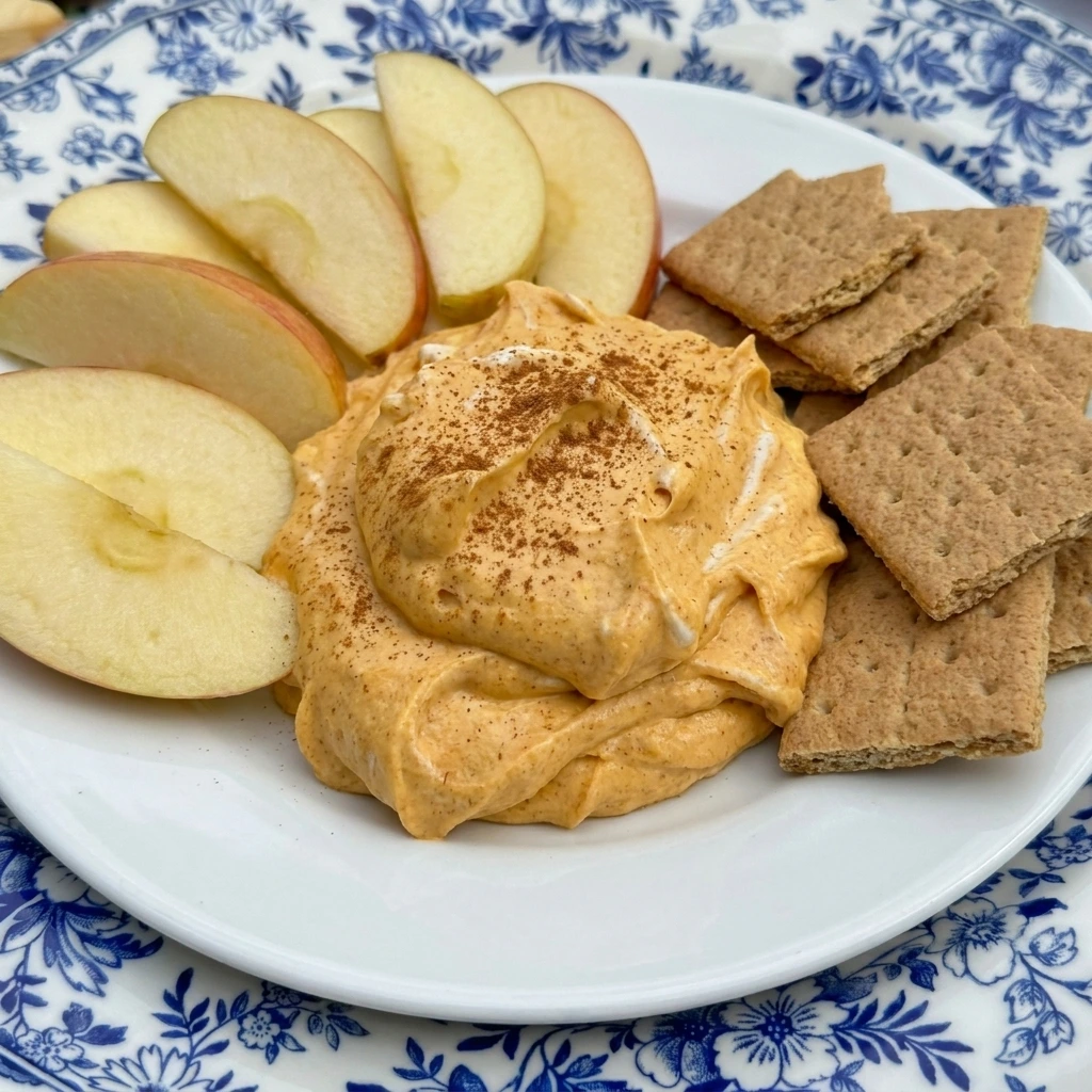 Single serving of chilled Pumpkin Cheesecake Dip with dippers