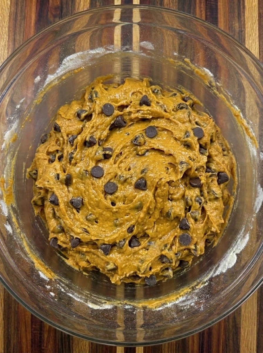 Chocolate chips folded into pumpkin cookie dough