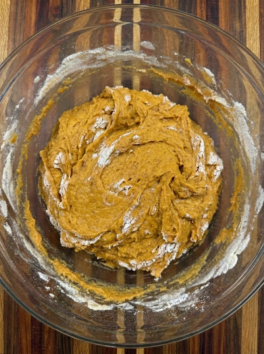 Dry ingredients folded into pumpkin cookie dough