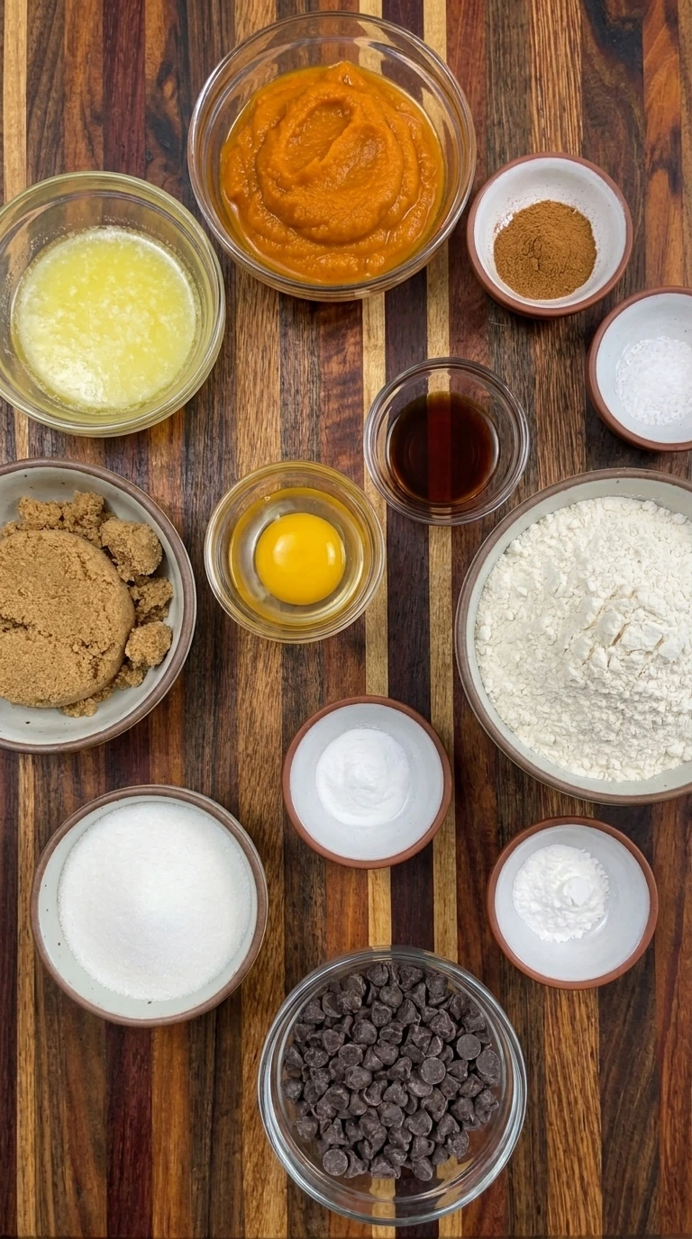 Ingredients for Pumpkin Chocolate Chip Cookies in separate small containers