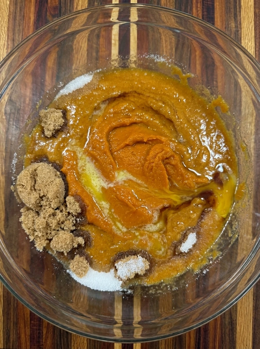 Pumpkin cookie wet mixture stirred in a bowl