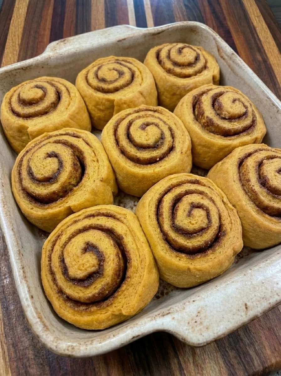 Eight baked pumpkin cinnamon rolls with lightly golden tops