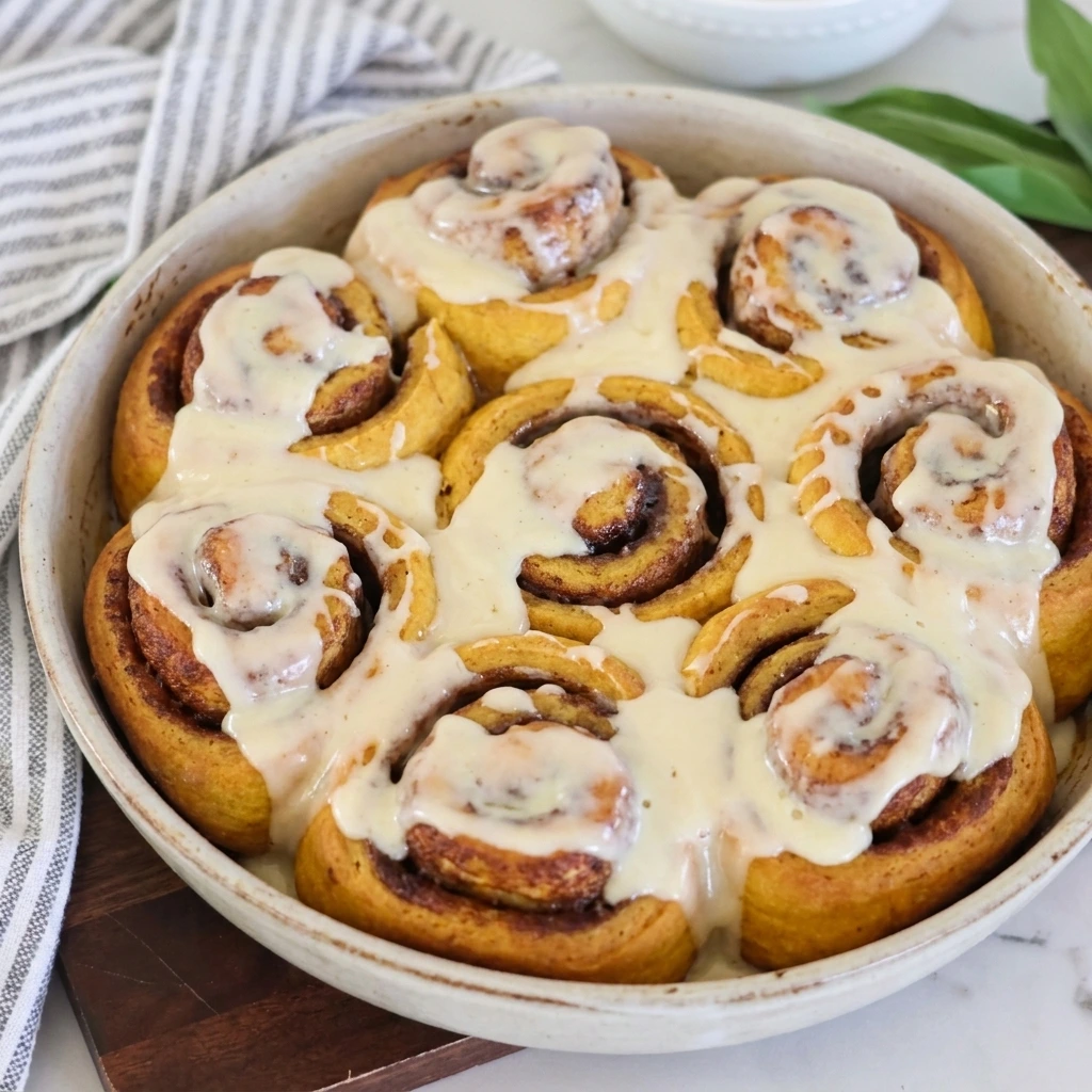 Pumpkin Cream Cheese Cinnamon Rolls with golden spirals and cream cheese glaze