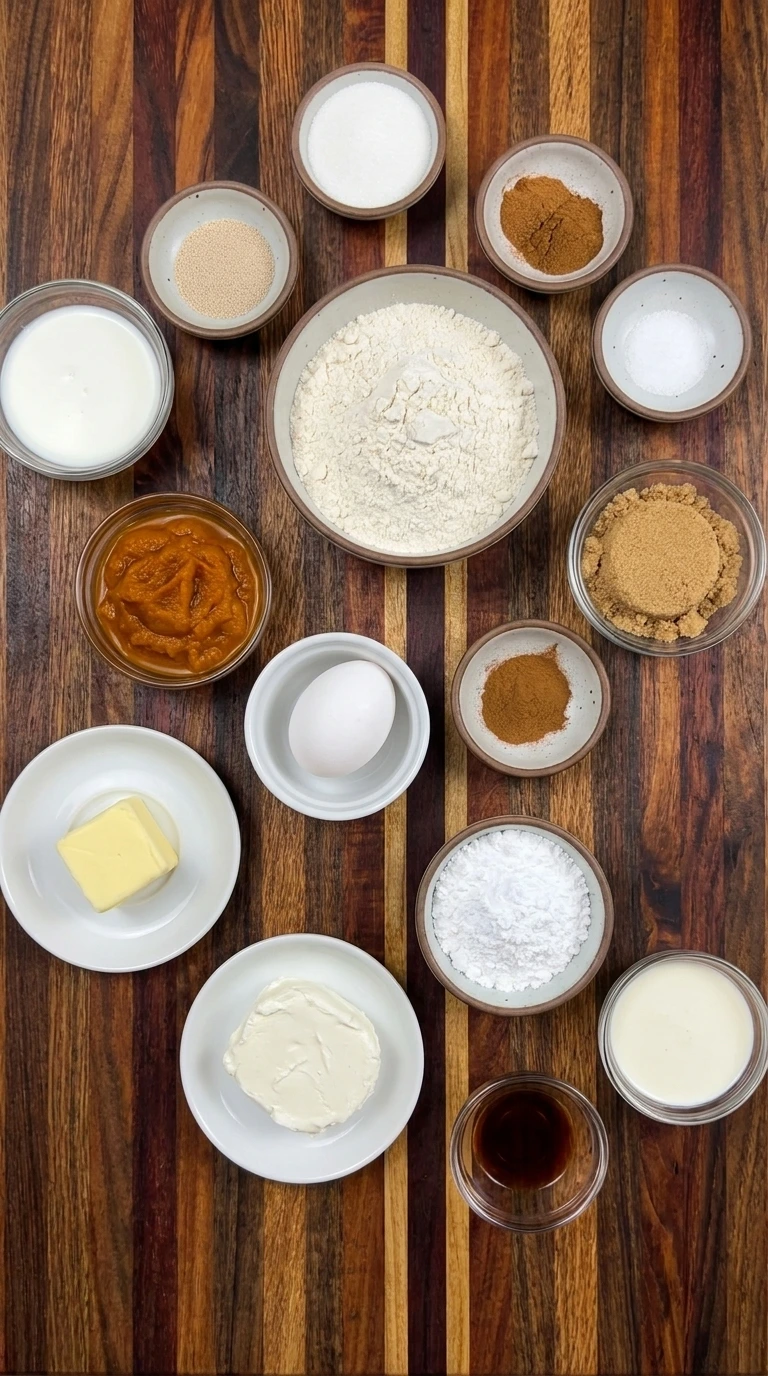 Ingredients for Pumpkin Cream Cheese Cinnamon Rolls in separate small containers