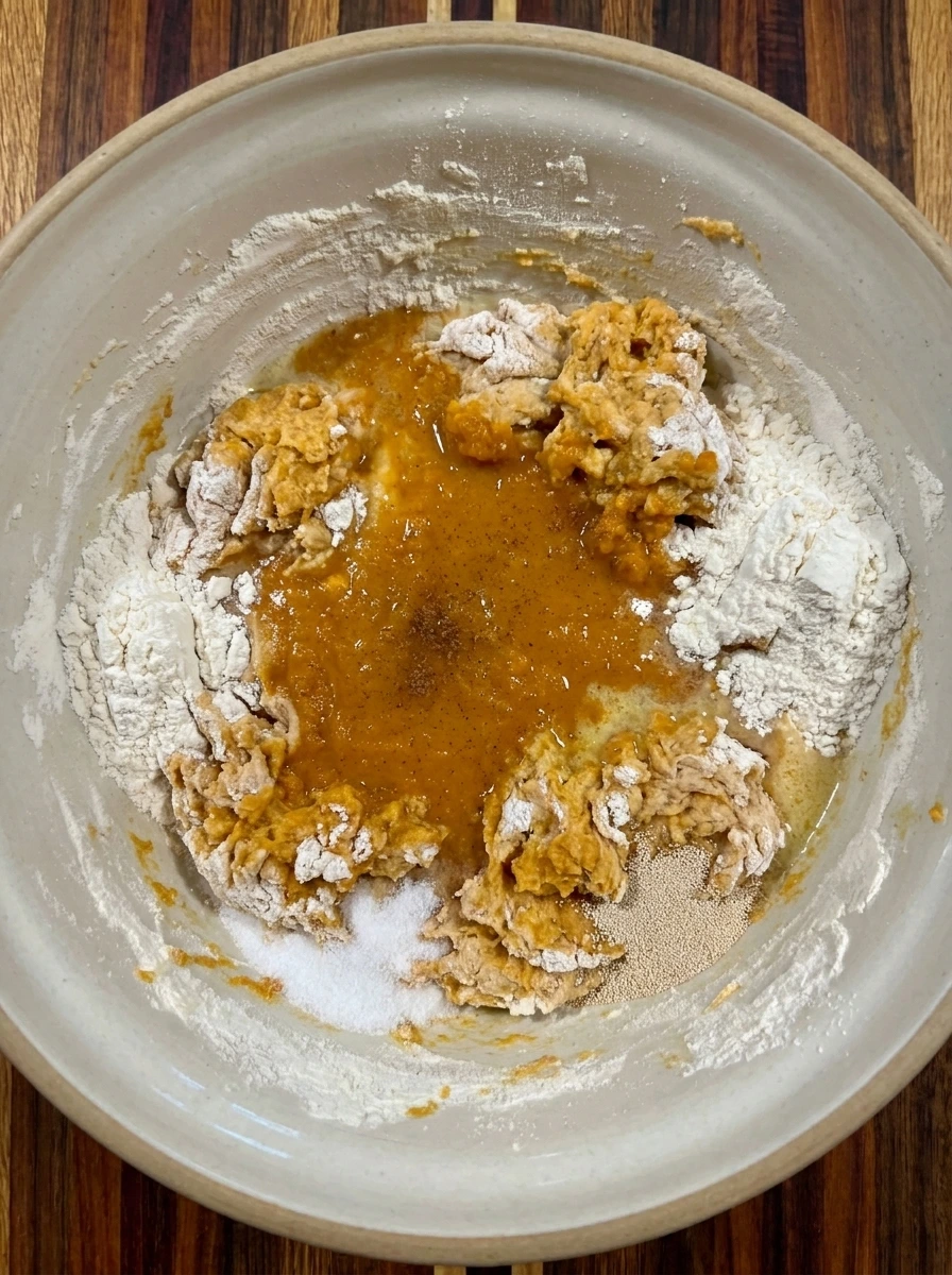 Shaggy pumpkin yeast dough mixed in a bowl