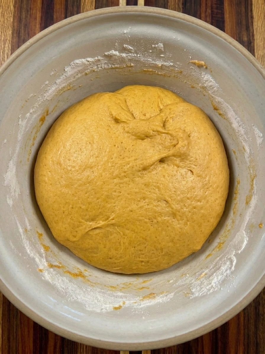 Risen pumpkin cinnamon roll dough in a mixing bowl