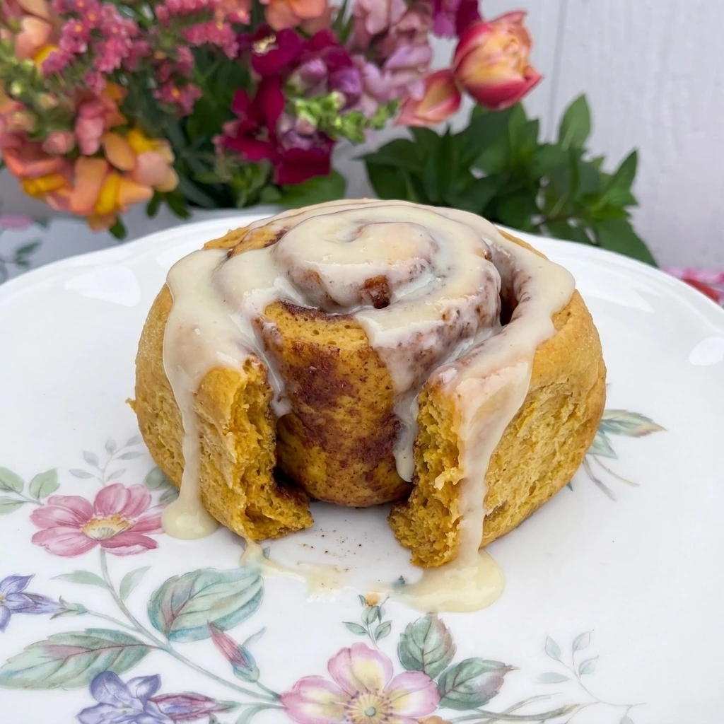 One Pumpkin Cream Cheese Cinnamon Roll pulled open on a plate