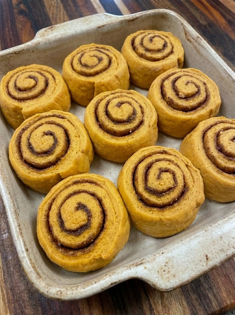 Eight sliced pumpkin cinnamon rolls rising in a baking dish
