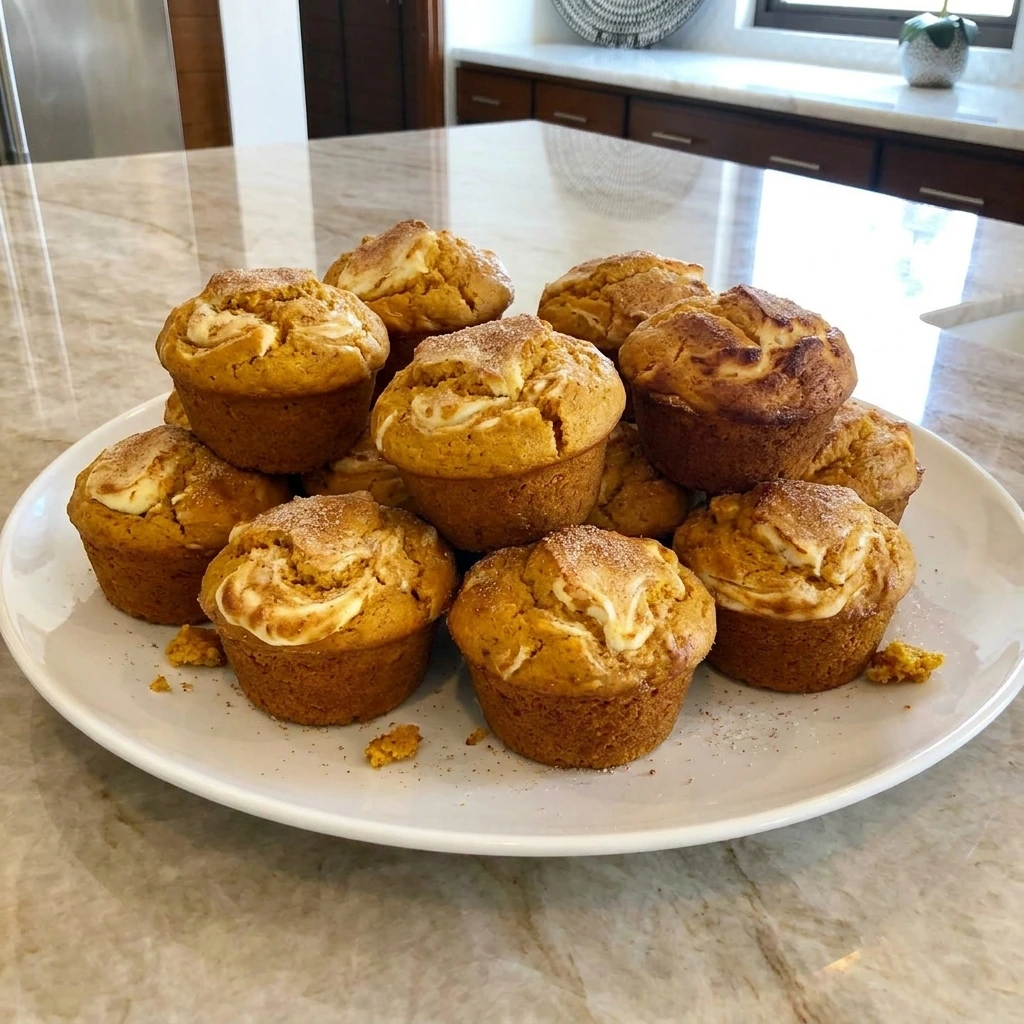 Pumpkin Cream Cheese Muffins with creamy swirls and golden muffin tops