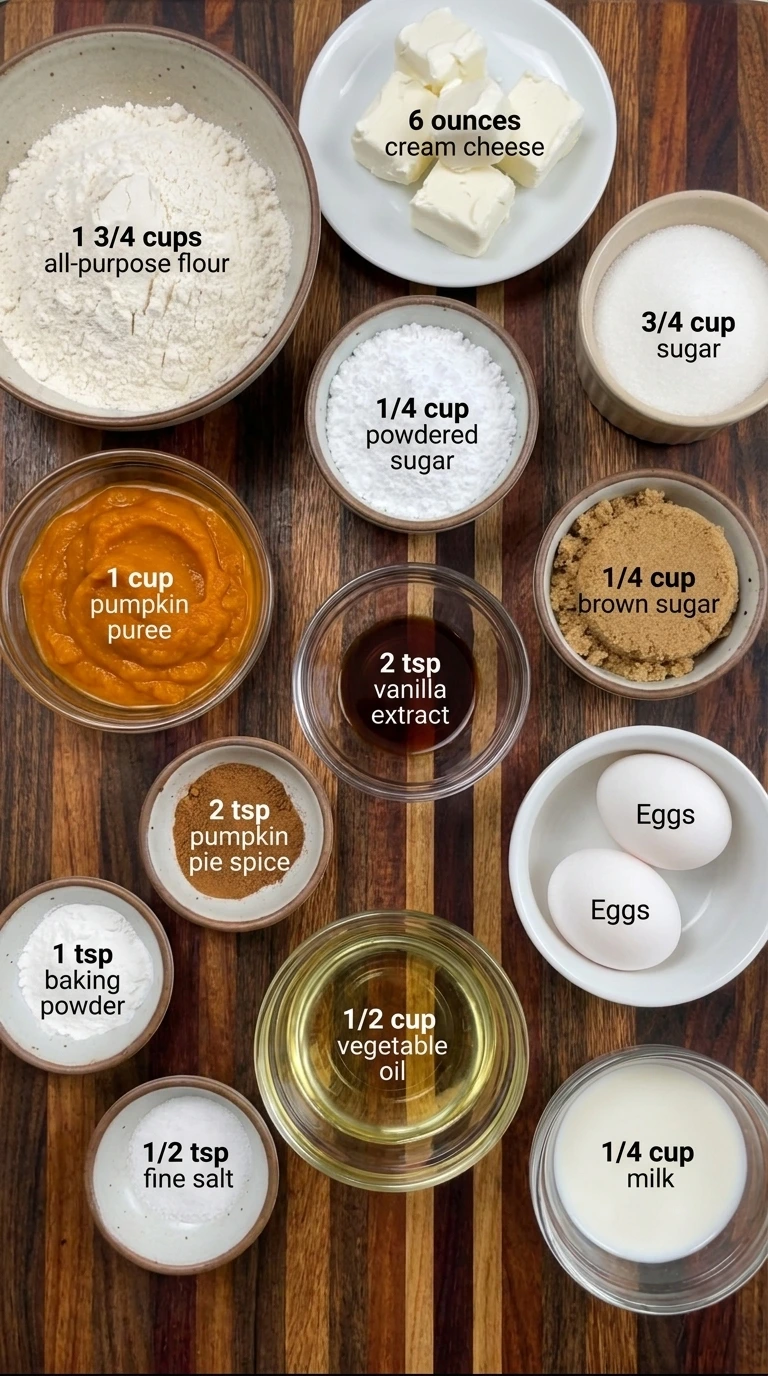 Ingredients for Pumpkin Cream Cheese Muffins arranged in separate bowls