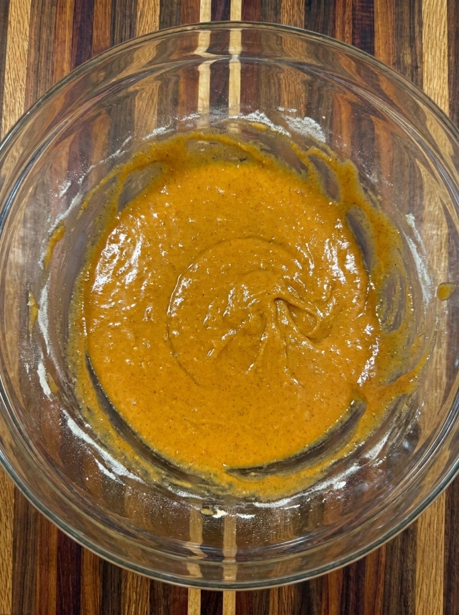 Pumpkin muffin batter mixed until thick and orange