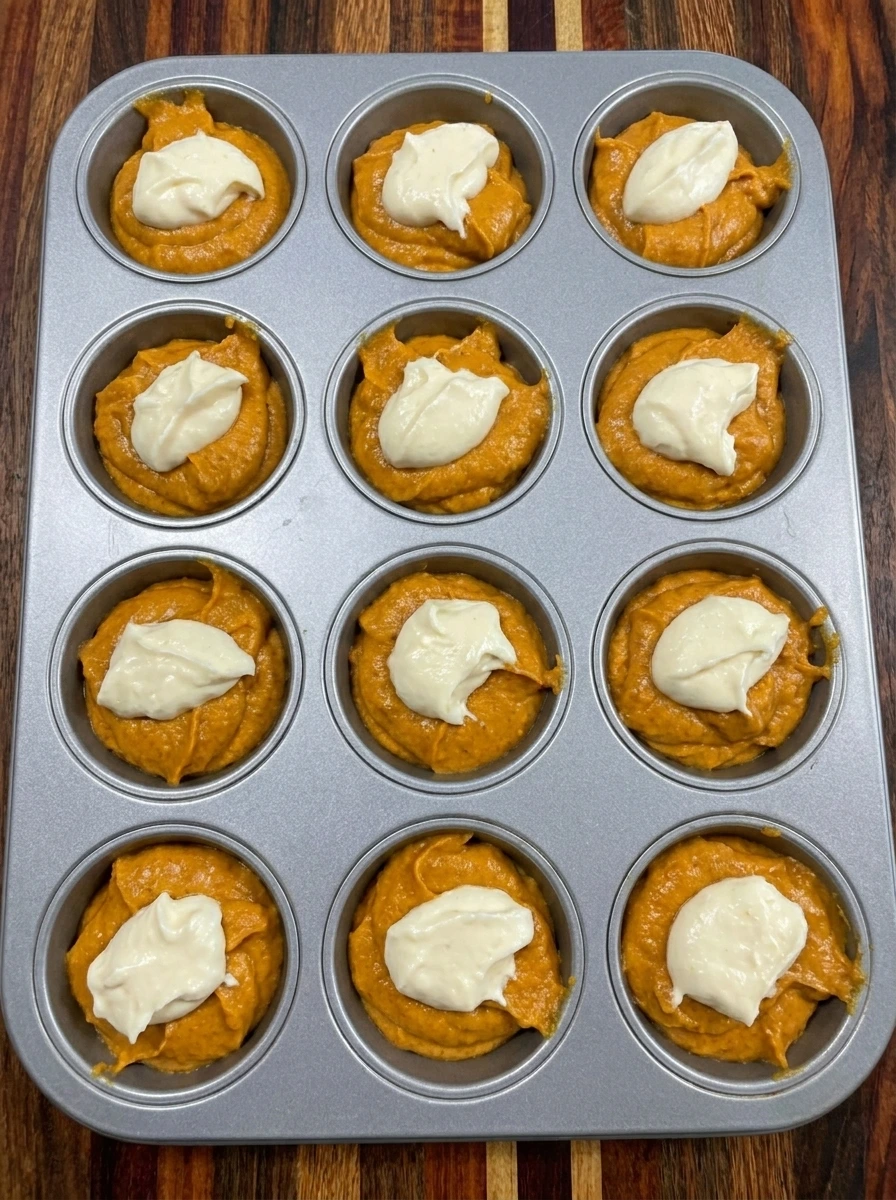 Muffin cups filled with pumpkin batter and cream cheese