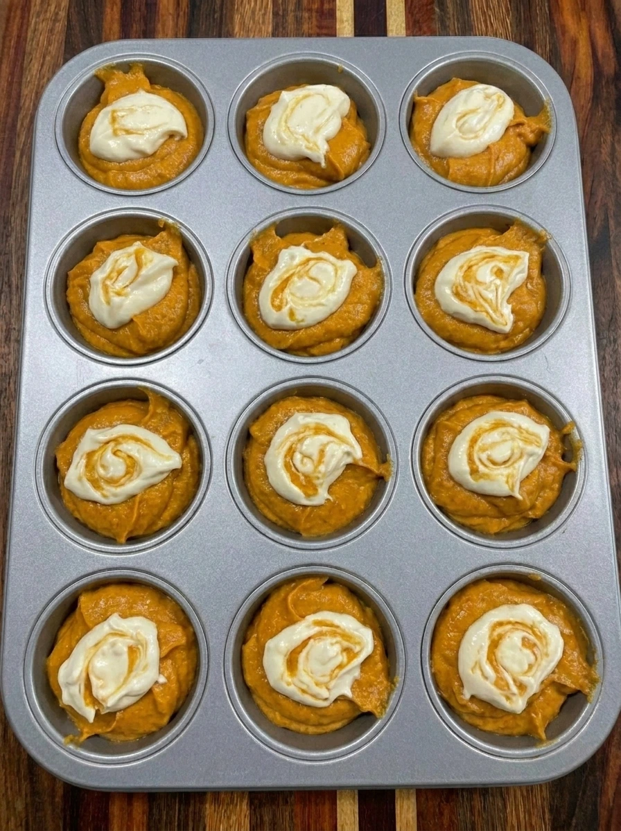 Cream cheese swirled through pumpkin muffin batter