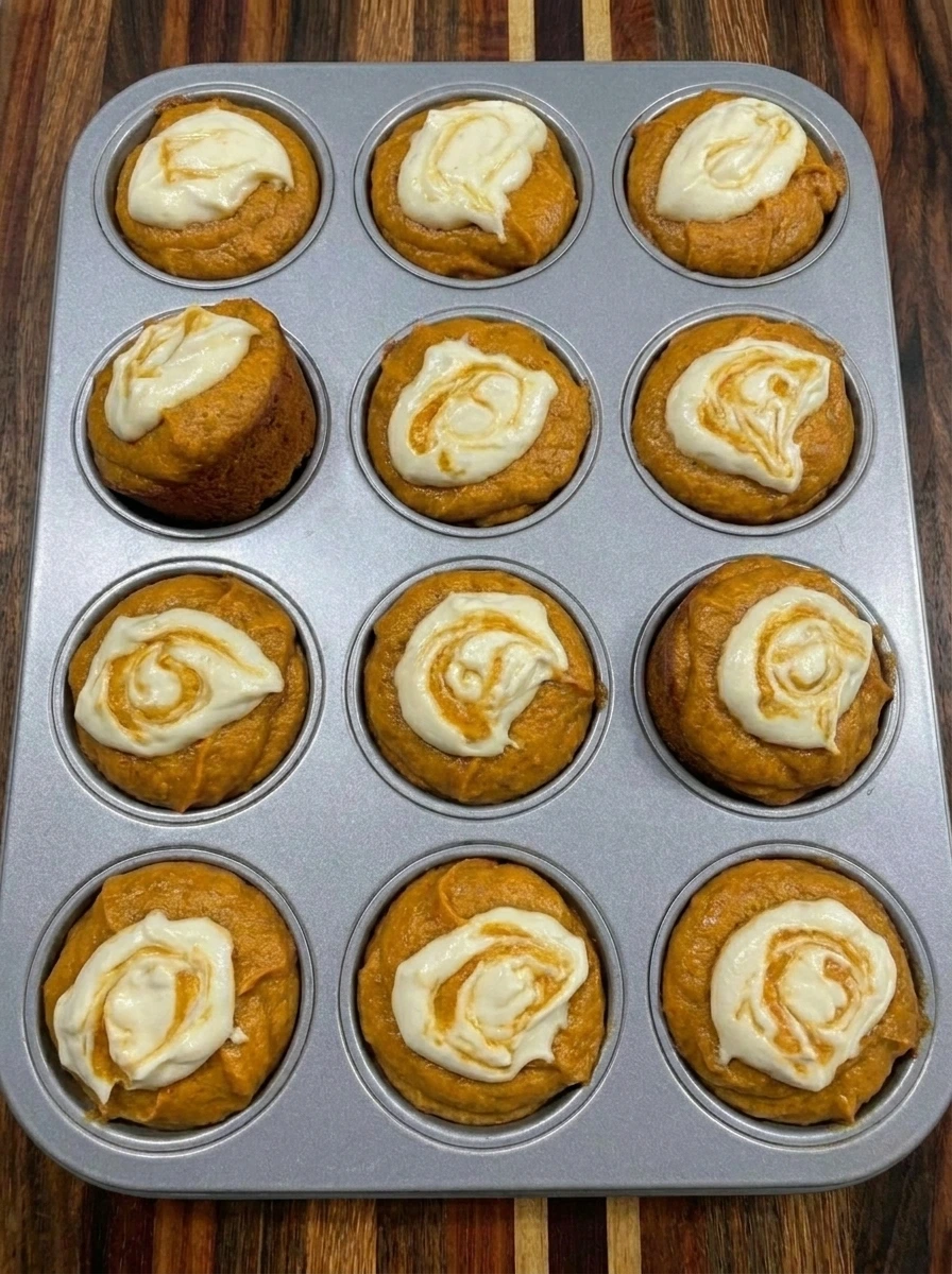 Baked Pumpkin Cream Cheese Muffins in a muffin tin