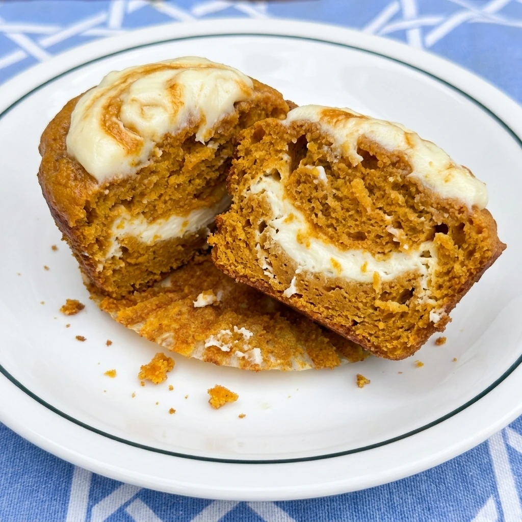 Split Pumpkin Cream Cheese Muffin showing soft filling