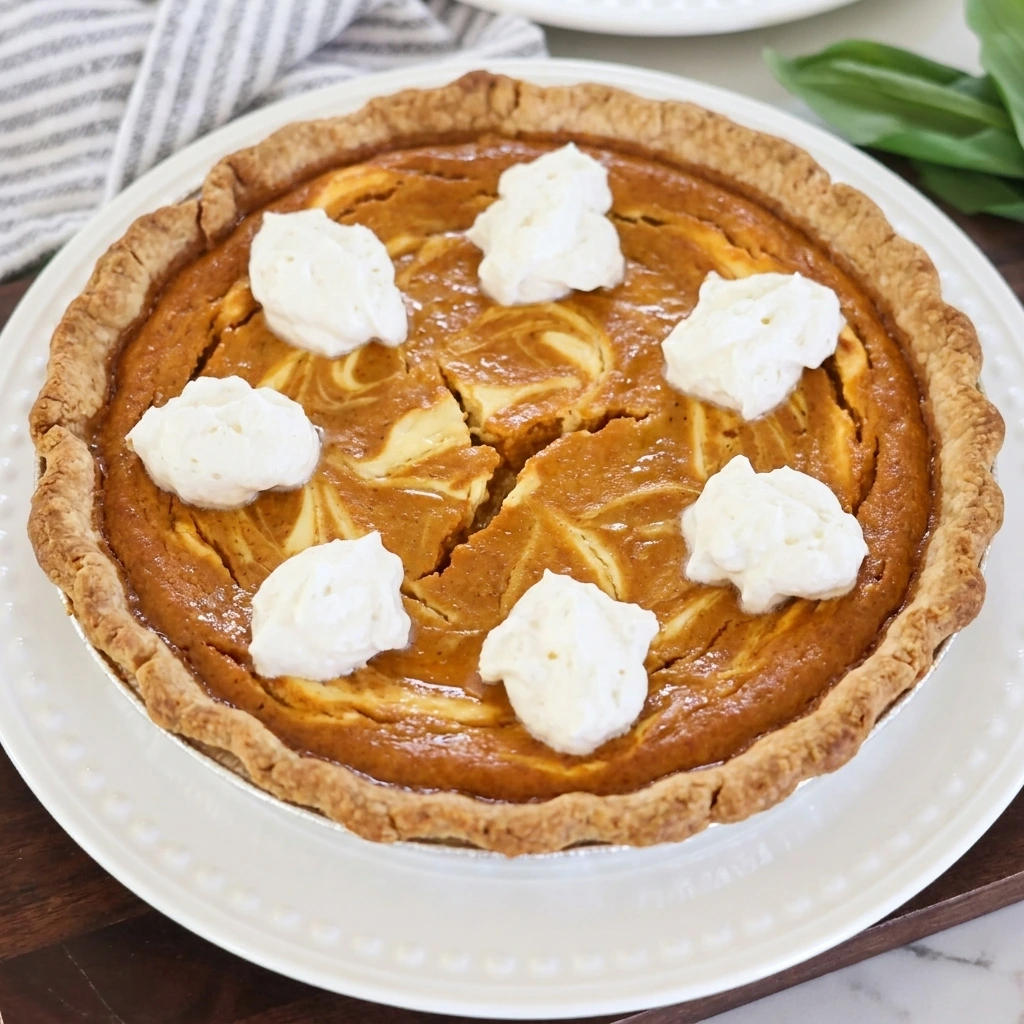 pumpkin cream cheese pie with cream cheese swirls and golden crust