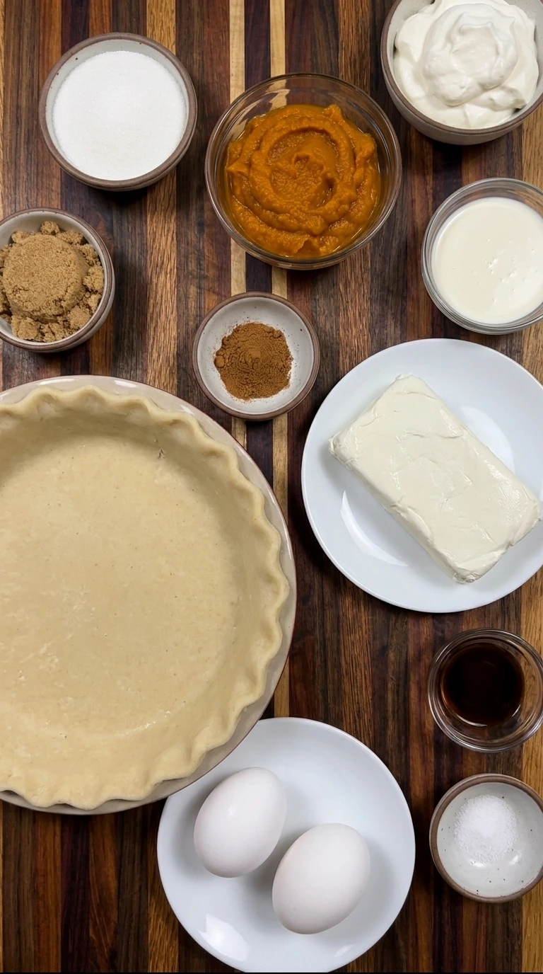 ingredients for pumpkin cream cheese pie arranged separately