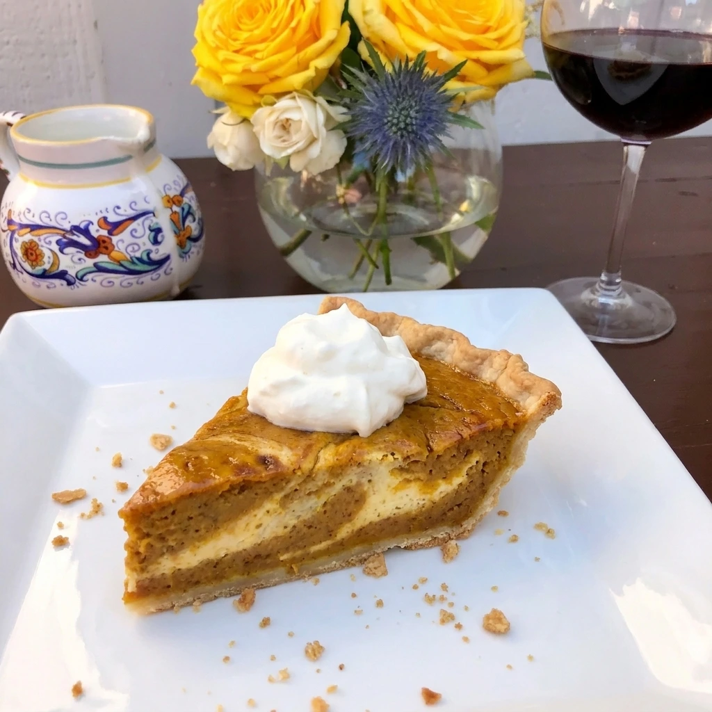 slice of pumpkin cream cheese pie on white plate