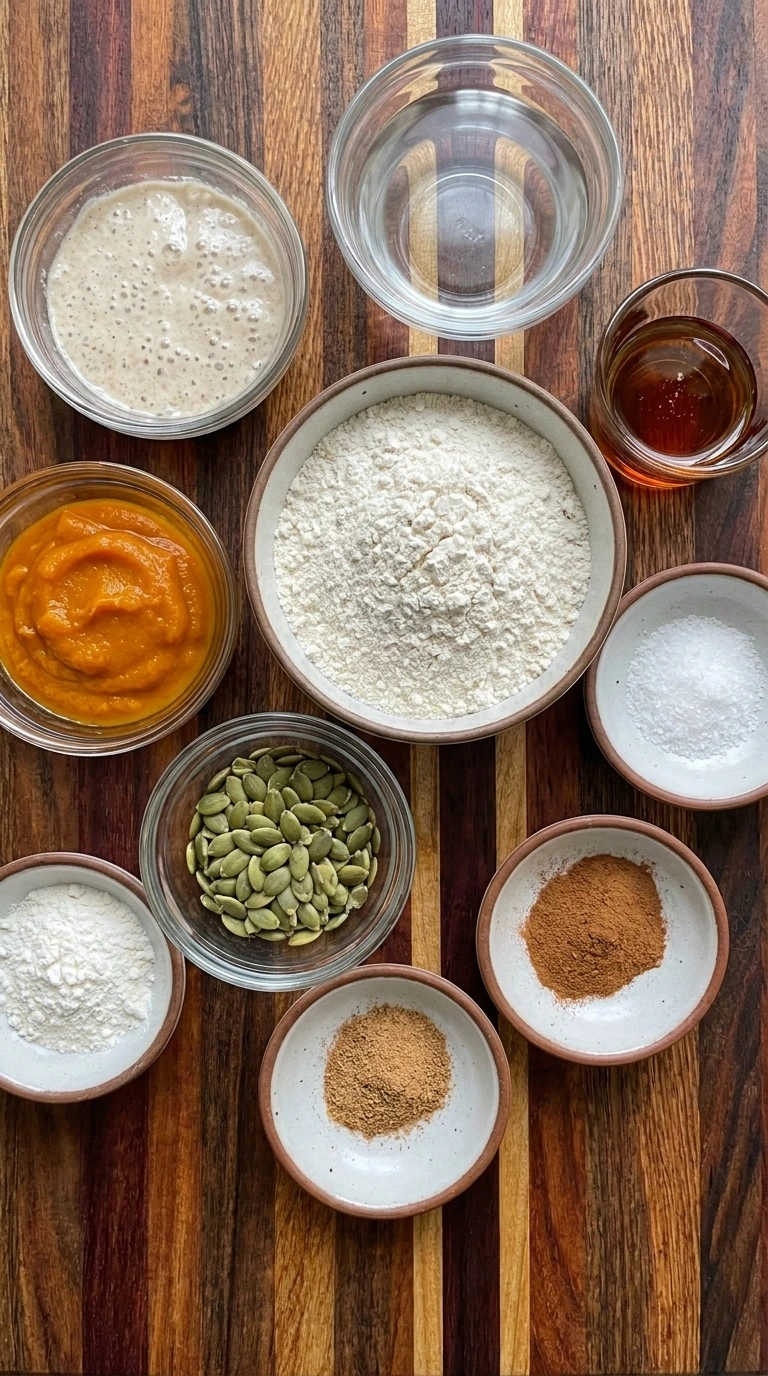 Measured ingredients for pumpkin sourdough bread in separate bowls