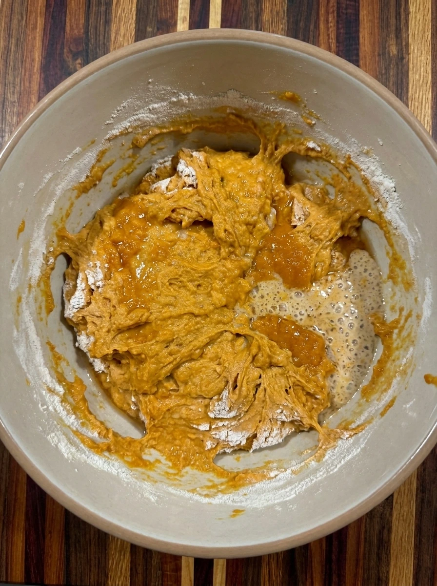 Shaggy orange pumpkin sourdough dough in mixing bowl