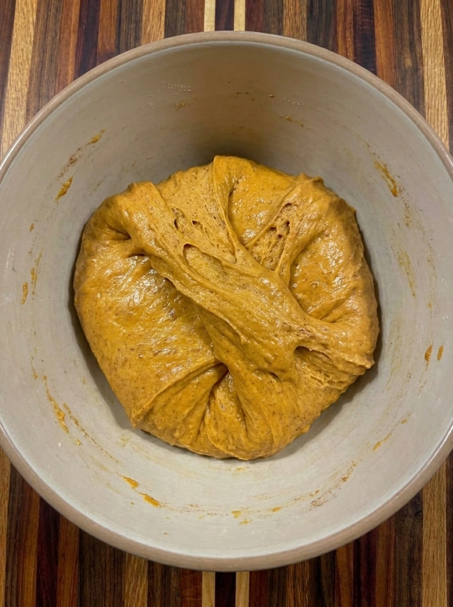 Smooth pumpkin sourdough dough folded with cinnamon and salt