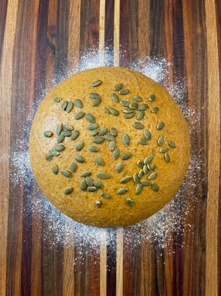 Shaped pumpkin sourdough loaf coated with pumpkin seeds