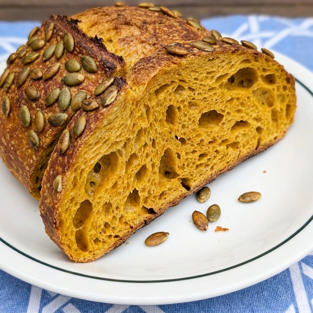 Single slice of pumpkin sourdough bread showing orange crumb