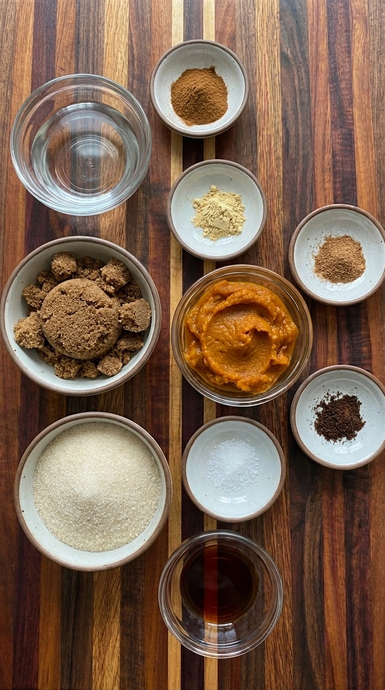 Ingredients for homemade pumpkin spice syrup in separate bowls