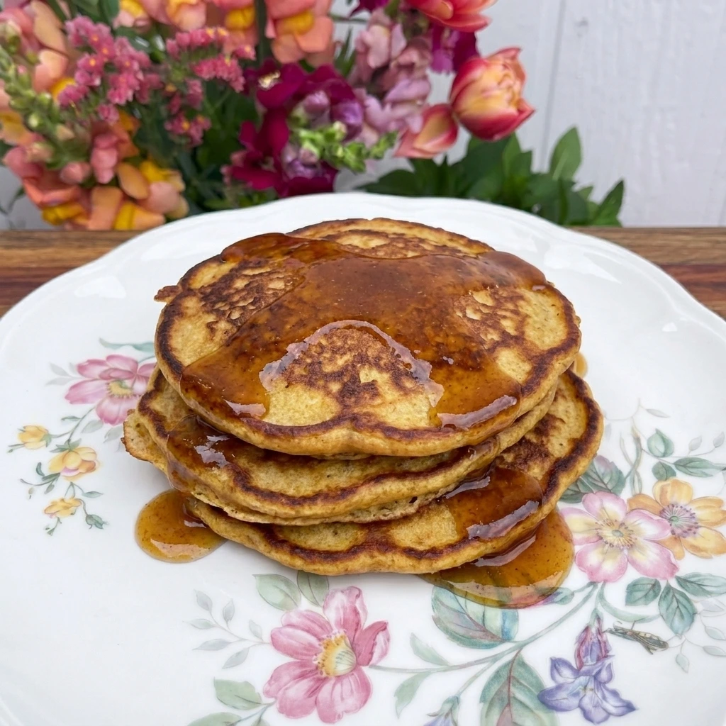 Pumpkin spice syrup drizzled over a single stack of pancakes