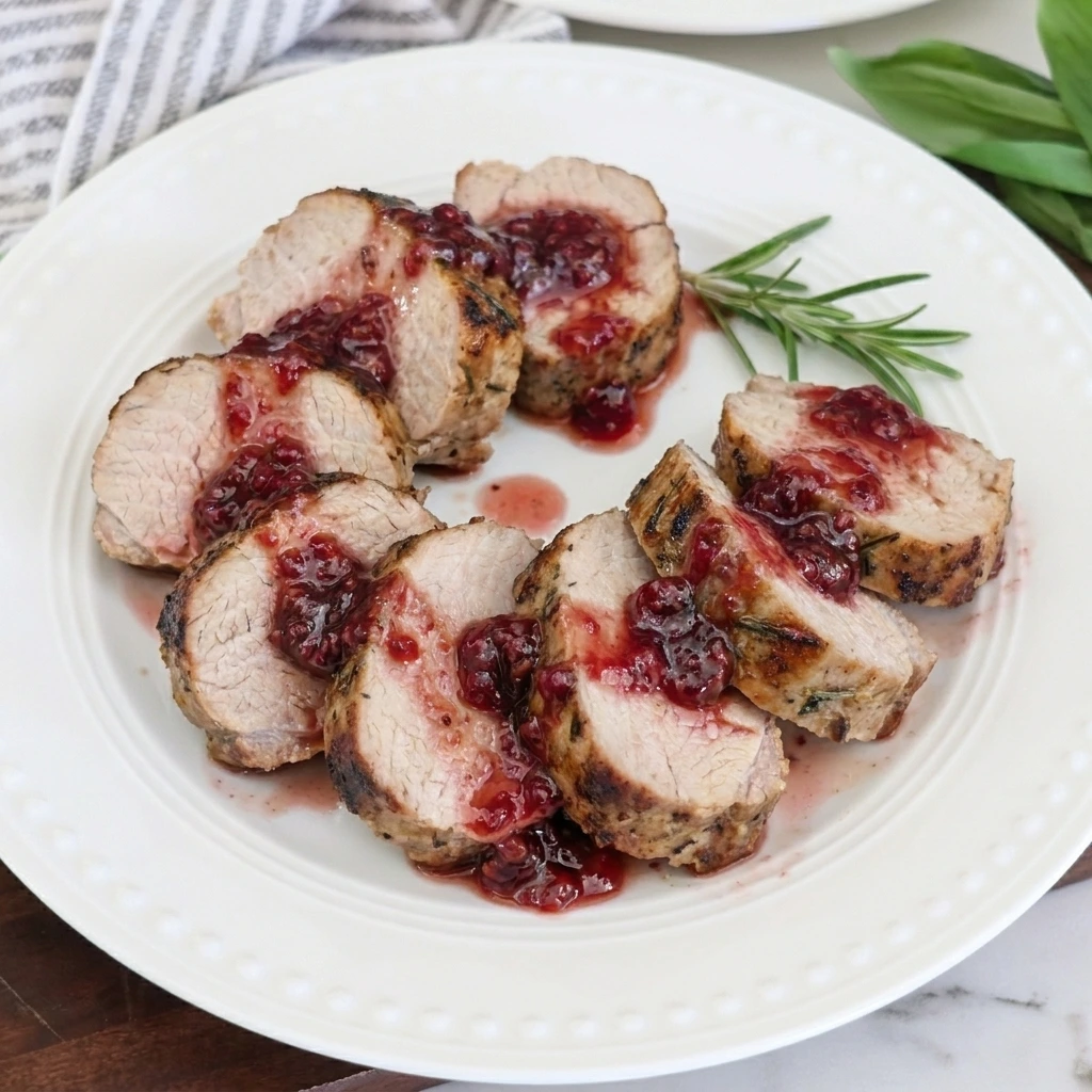 Raspberry Glazed Pork Tenderloin sliced with glossy berry glaze