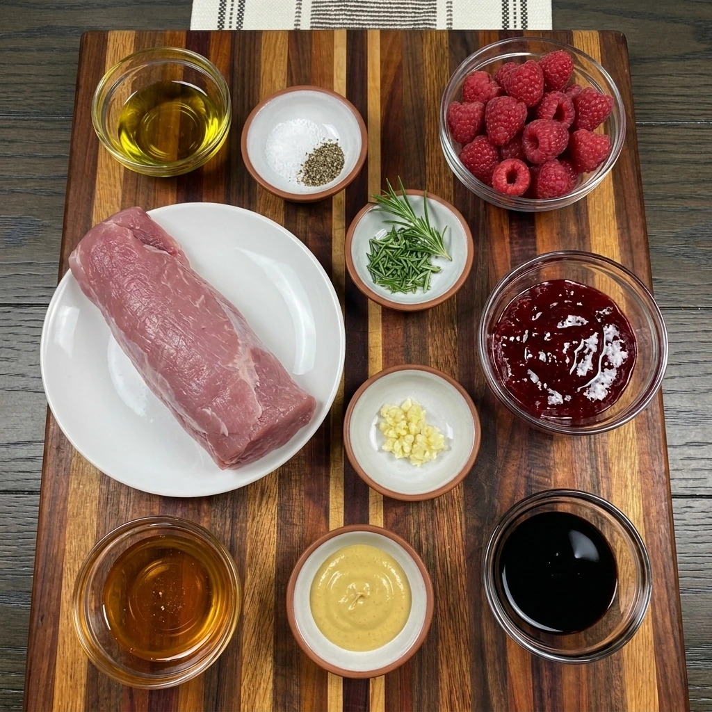 Ingredients for Raspberry Glazed Pork Tenderloin in separate small bowls