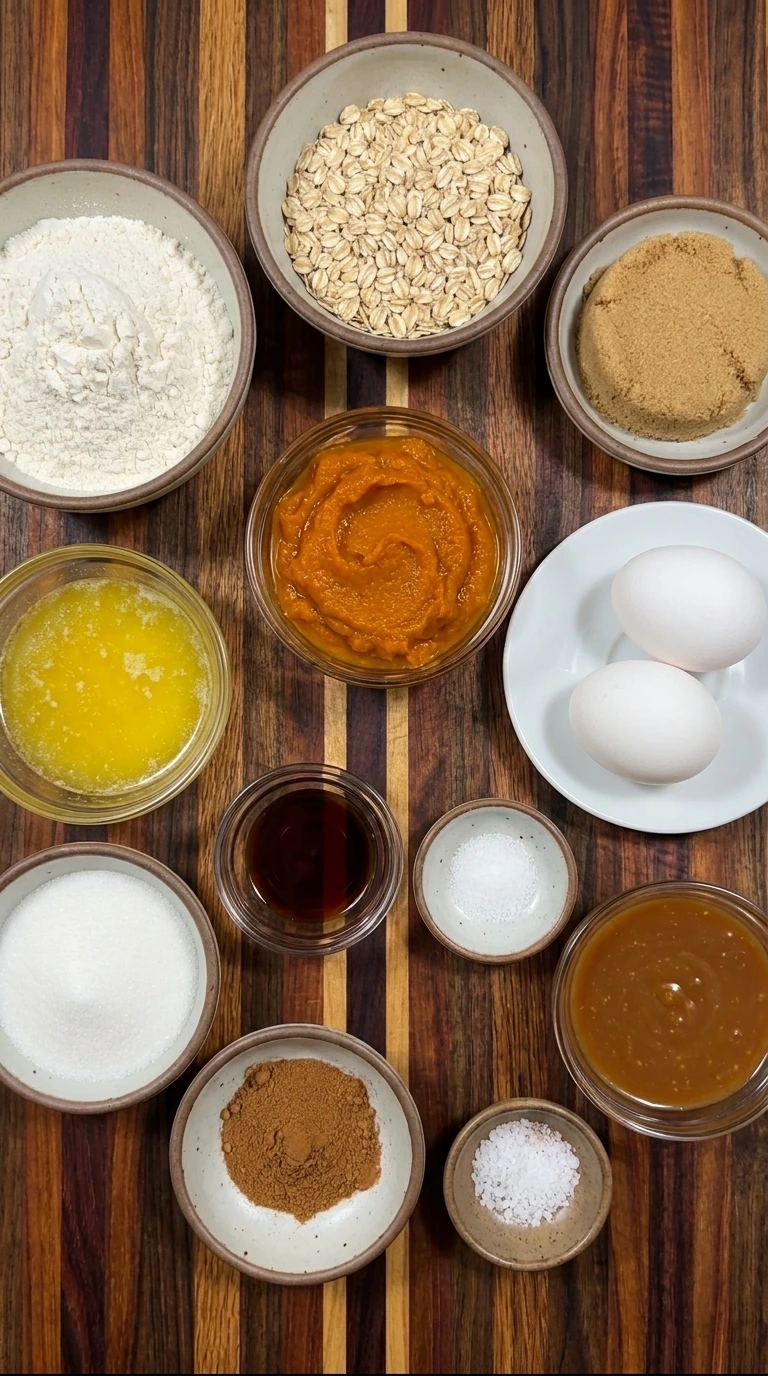 Ingredients for Salted Caramel Pumpkin Bars arranged in separate containers