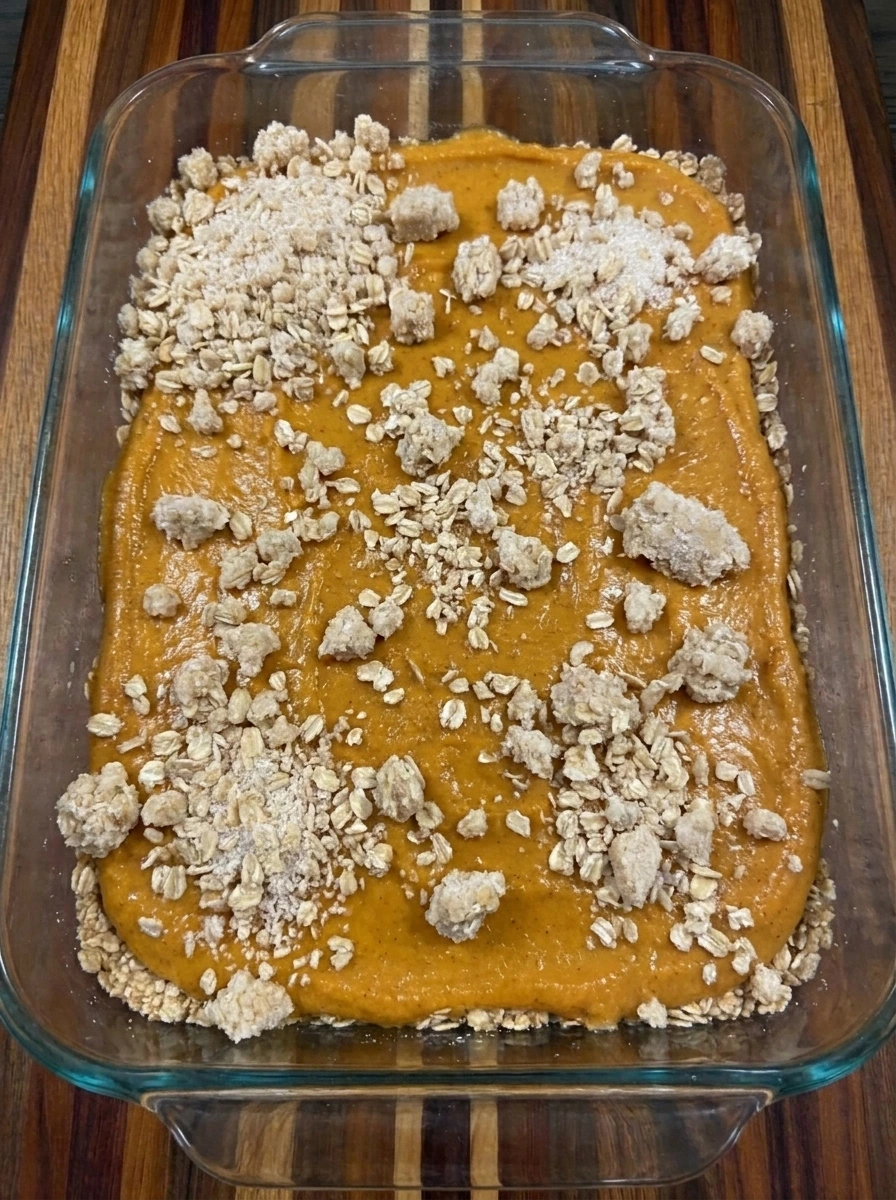 Pumpkin filling and crumb topping layered for Salted Caramel Pumpkin Bars