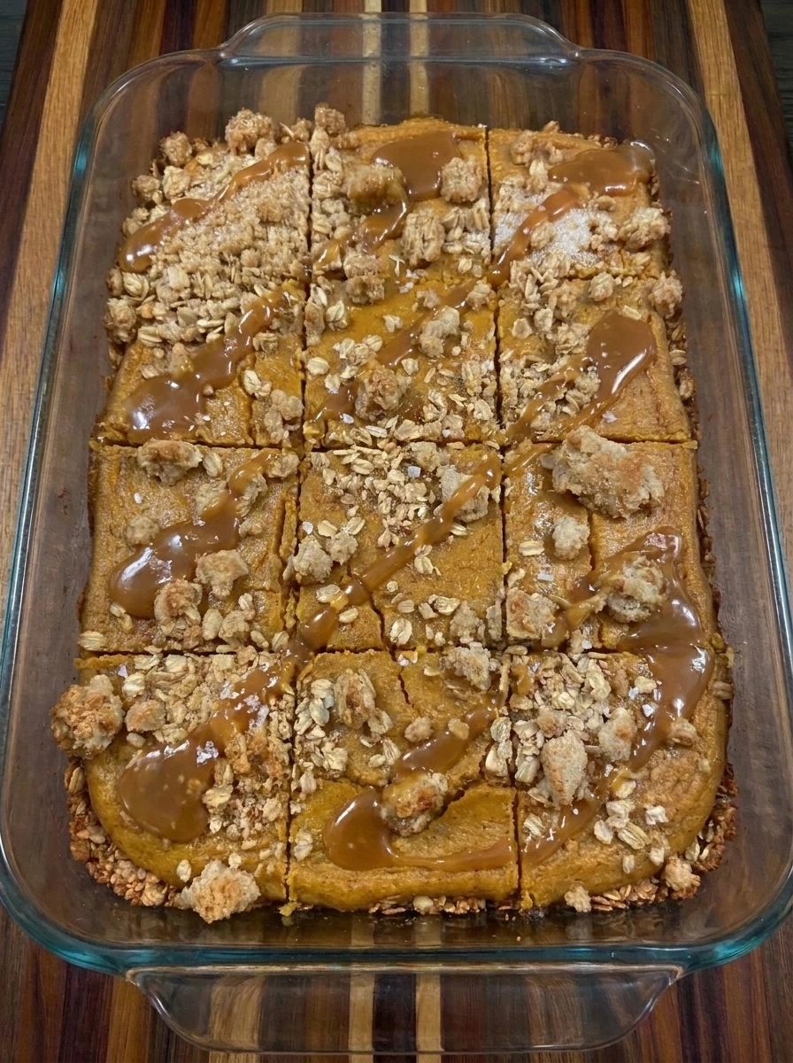 Sliced Salted Caramel Pumpkin Bars with caramel drizzle