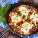 Shakshuka with Fresh Tomatoes with four eggs and feta in a rustic tomato pepper sauce