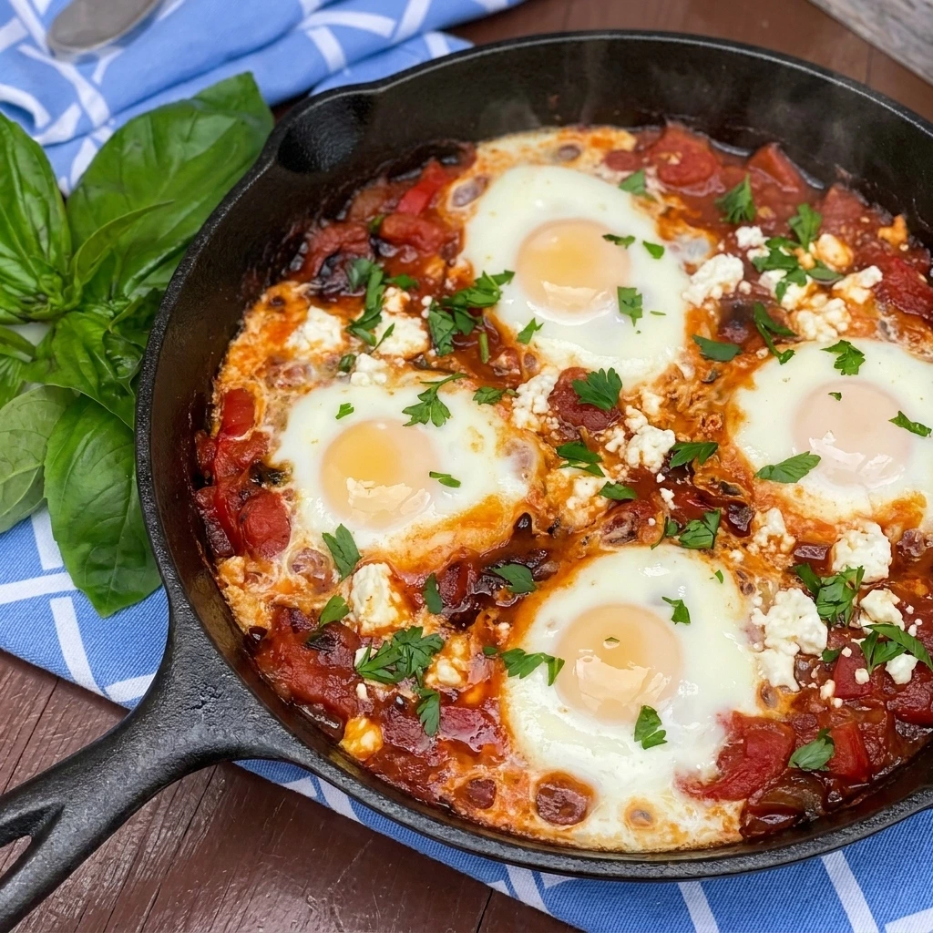 Shakshuka with Fresh Tomatoes with four eggs and feta in a rustic tomato pepper sauce