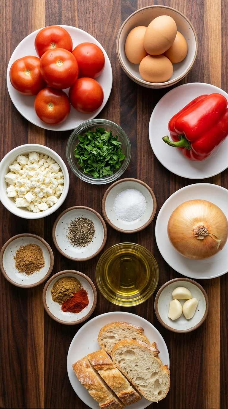 Fresh ingredients for Shakshuka with Fresh Tomatoes arranged in separate containers