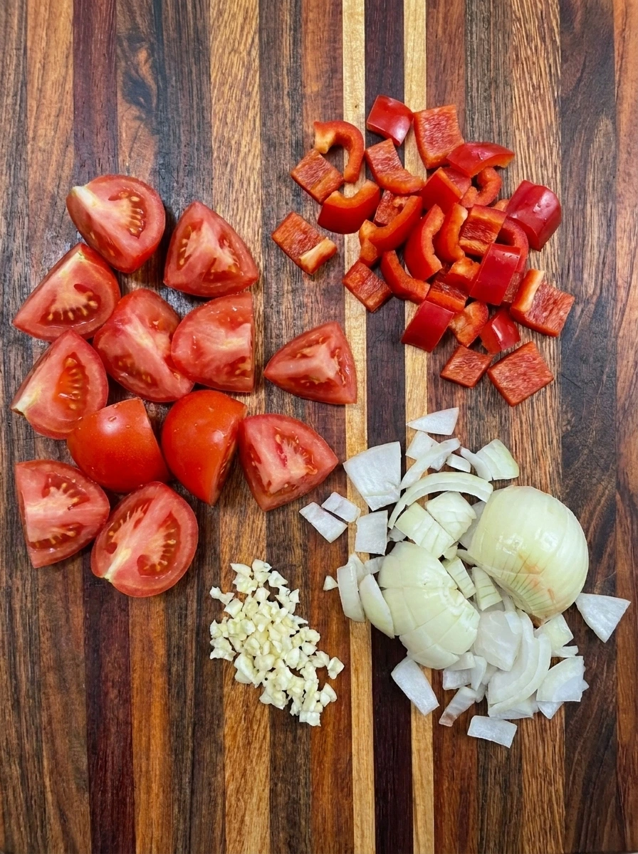 Chopped fresh tomatoes and vegetables for Shakshuka with Fresh Tomatoes
