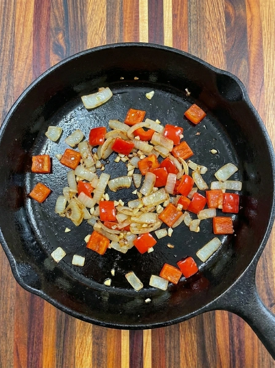 Softened onions and red peppers for Shakshuka with Fresh Tomatoes