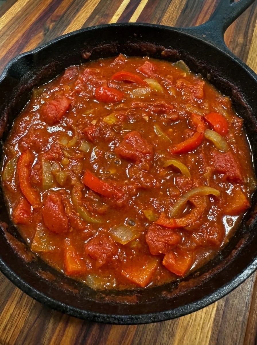 Thick fresh tomato sauce simmering for Shakshuka with Fresh Tomatoes