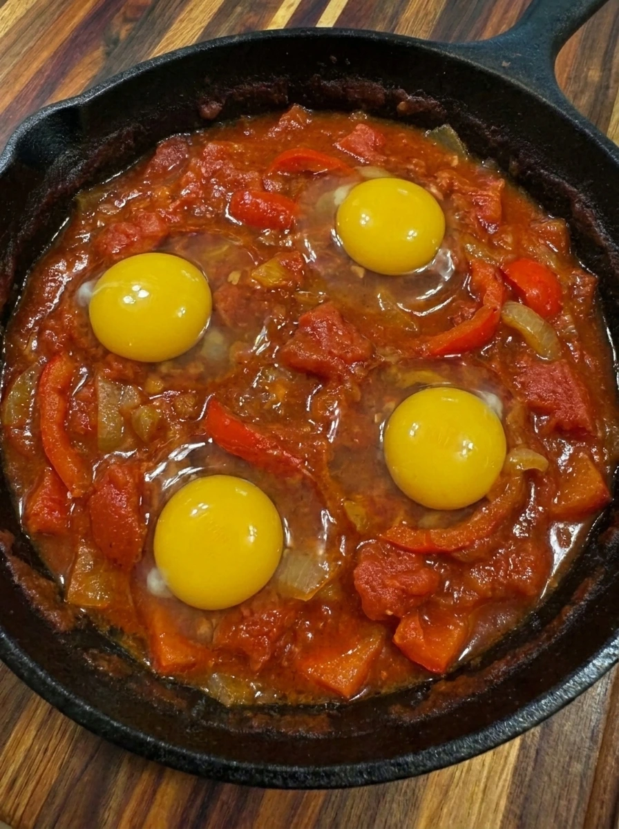 Four eggs nestled in fresh tomato sauce for Shakshuka with Fresh Tomatoes