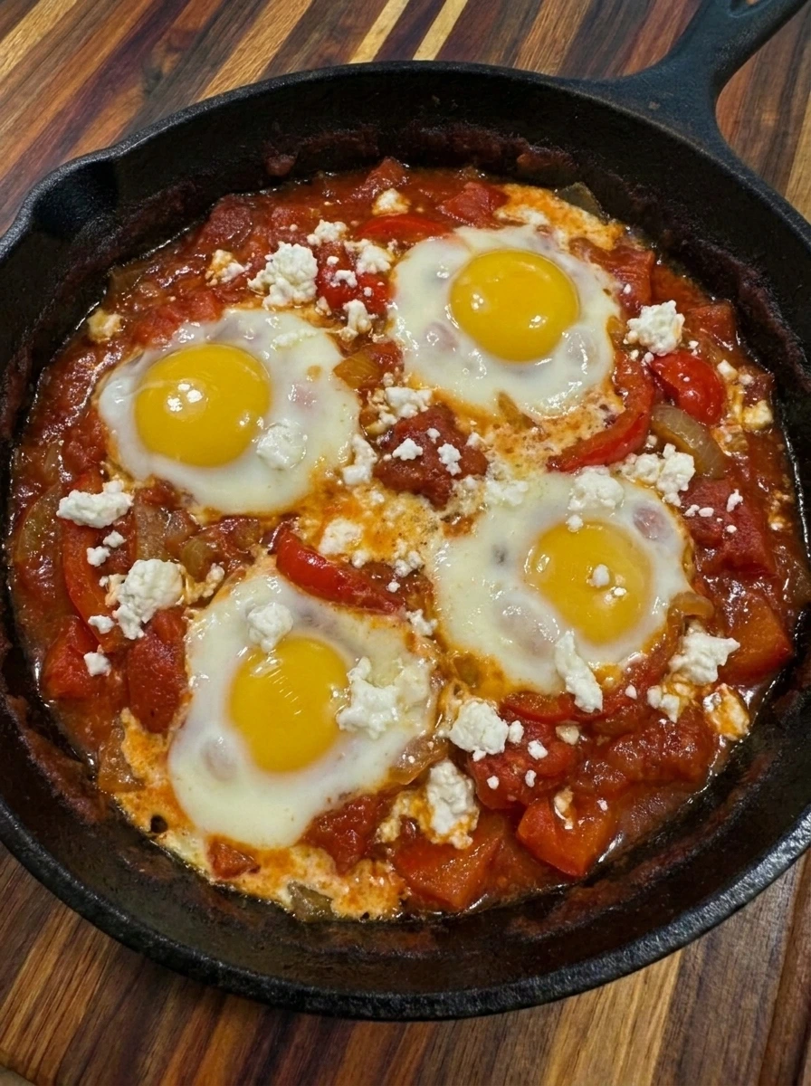 Softly set eggs and feta in Shakshuka with Fresh Tomatoes