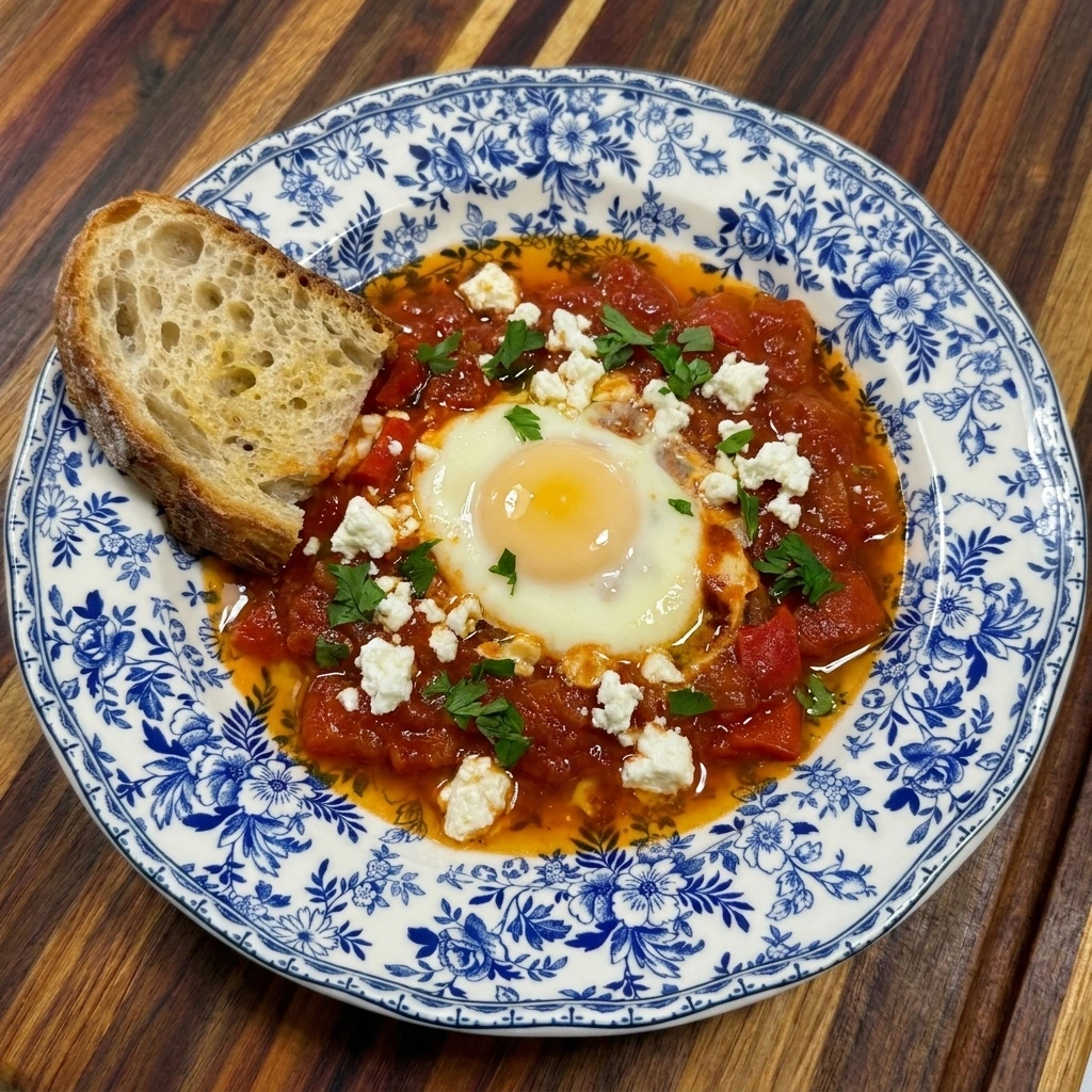 Single serving of Shakshuka with Fresh Tomatoes with bread