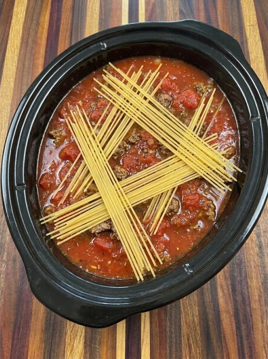 Broken spaghetti added to beef sauce in the slow cooker